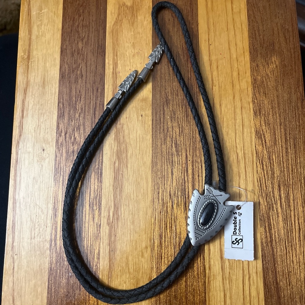 Black Leather Bolo Tie With Silver Tone Accents